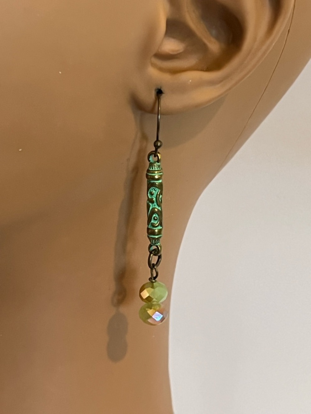 Green Patina Tribal Drop Earrings with Faceted Bead Clusters